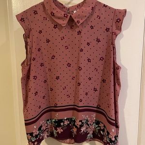 Elle Woman’s Pink Floral Short Sleeve Collared Blouse Large